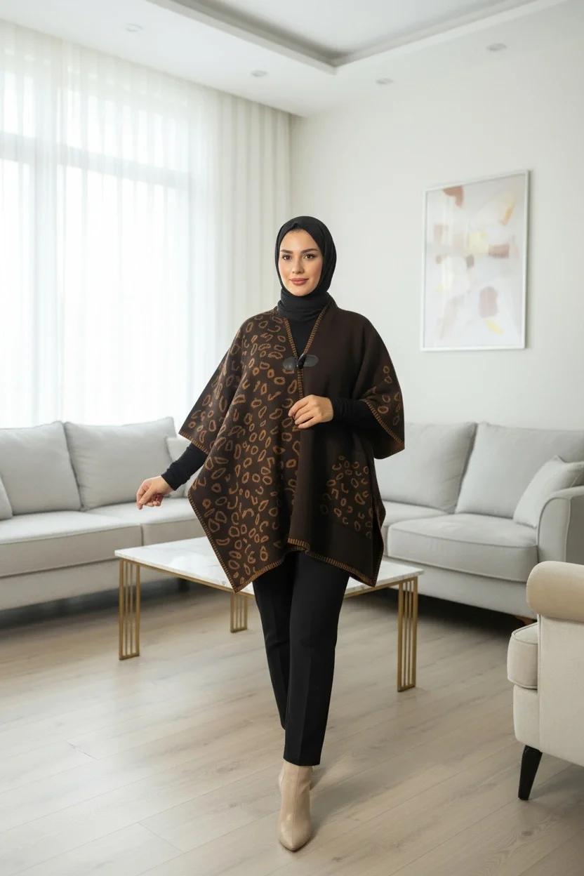 Triko Panço Püskül Detaylı Oversize Kadın Pançosu