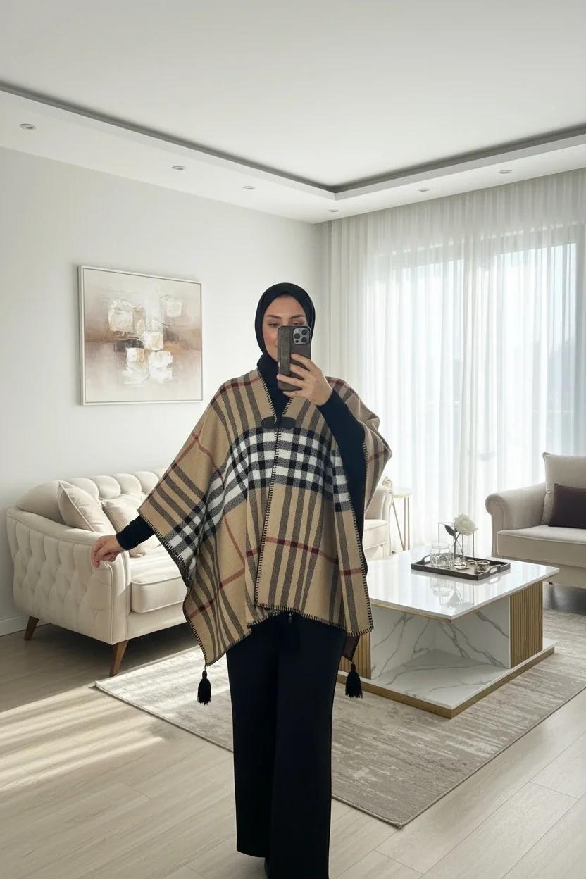 Triko Panço Püskül Detaylı Oversize Kadın Pançosu
