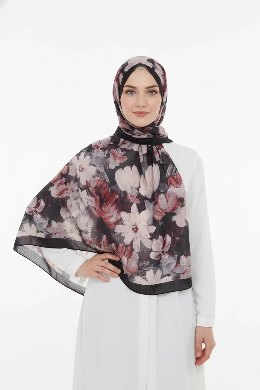 Flora Model Retro Desen Şal - Siyah Bordo